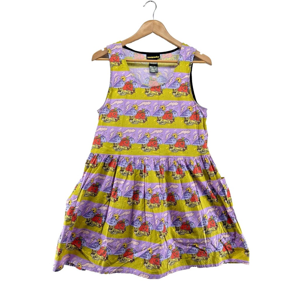 Nooworks Big Pocket Dress Size M Stawberry Jammin Print Novelty Colorful Stripe - Picture 2 of 10